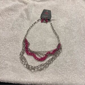 New Paparazzi Silver & Hot Pink Multi-Chain Necklace with Matching Earrings